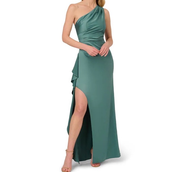 Adrianna Papell Satin Crepe One-Shoulder Gown in Green Slate - Picture 1 of 6